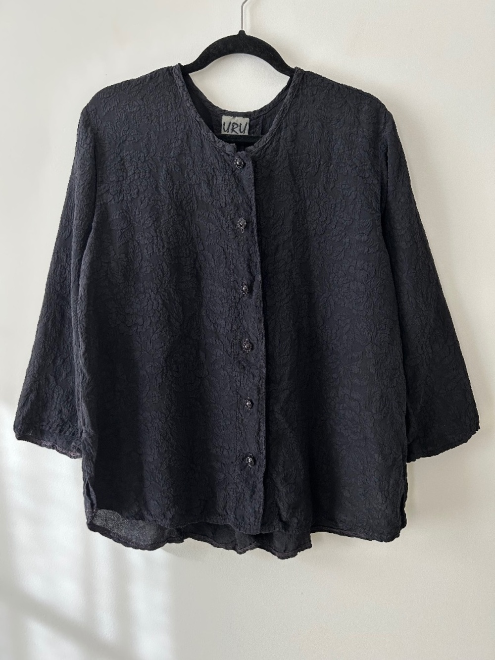 Uru 100% Silk Black Floral Embossed Button Up Top